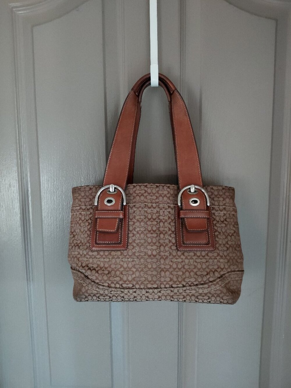 Coach F12310 Brown Signature Jacquard Shoulder Tote Bag